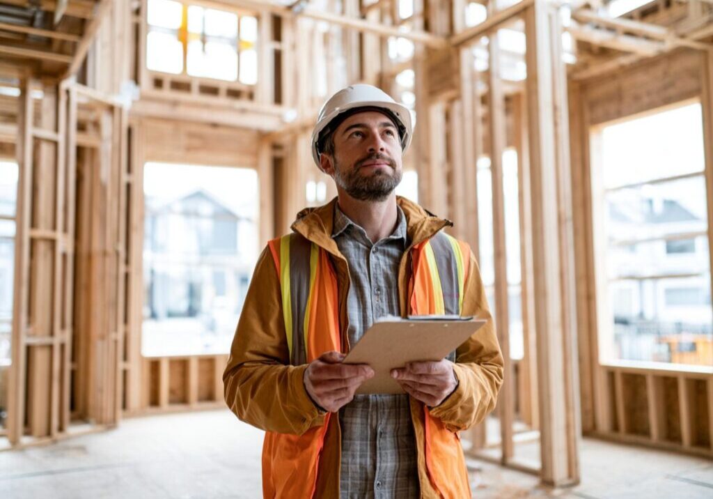 Building inspector reviewing the exposed wood frame of a custom home before close-in on a Lower Mainland build