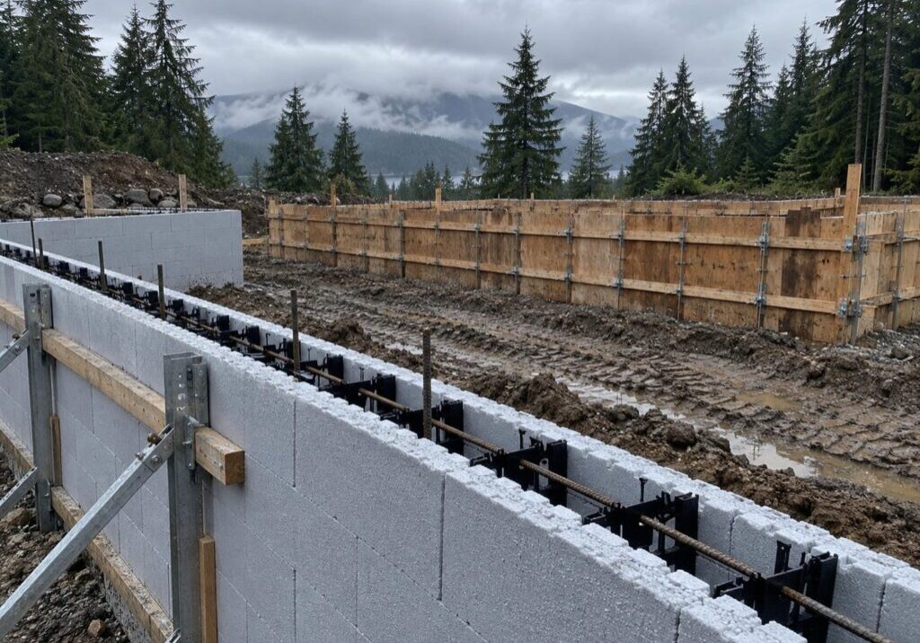 Insulating concrete form blocks and plywood formwork for a poured concrete foundation standing on the same Lower Mainland building lot
