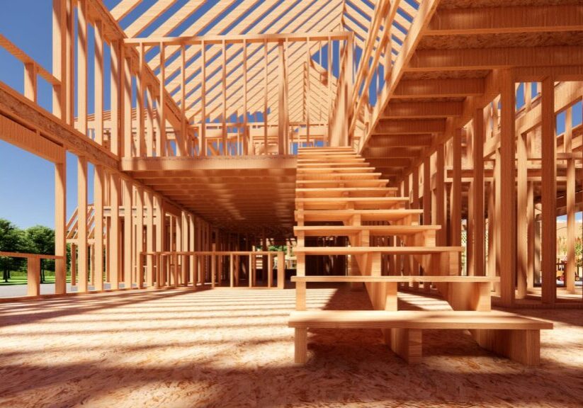 Luxury custom home at the wood framing stage on a Lower Mainland lot with large openings and complex geometry