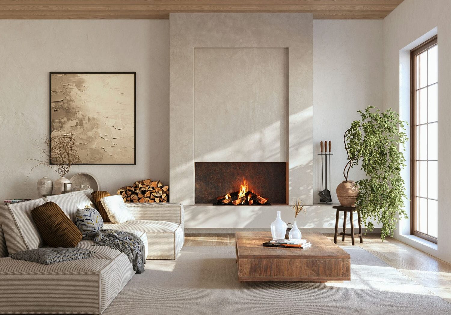 minimalist living room with fireplace and interior finishing carpentry