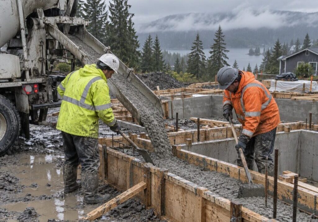 Crew pouring concrete in the rain into timber foundation forms at a residential site in BC's Lower Mainland