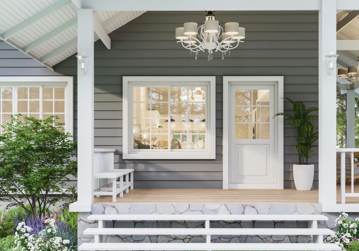 covered front porch with exterior finishing carpentry and trim details